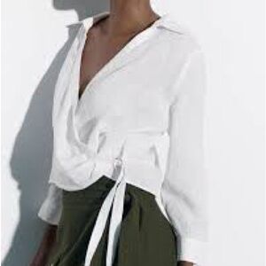 Zara White Wrap Linen Blouse Shirt